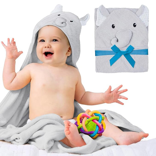Hooded Baby Towels 33 x 33 Inch. Light Gray Terry Cotton Bath Towels Hooded with Elephant Face and Ears. Hooded Towels for Baby. Soft Toddler Towels for Boy, Girl. Absorbent Hooded Towel