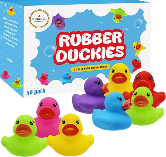 The Dreidel Company Classic Rubber Duck Toy Duckies for Kids, Six Solid Colors, Bath Birthday Gifts Baby Showers Classroom Summer Beach and Pool Activity, 2" (50-Pack)