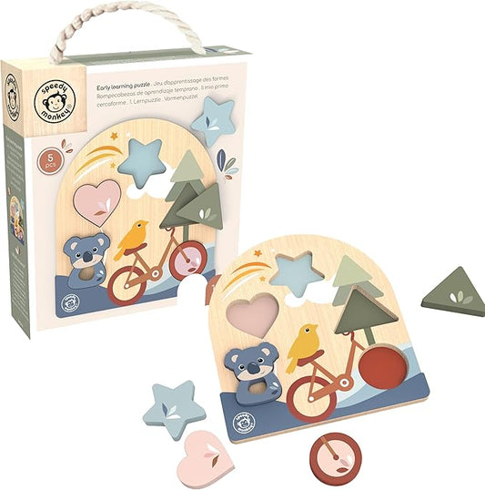 SPEEDY MONKEY Early Learning Puzzle for Toddlers 12m+ | 4-Piece Shape & Color Recognition Sorter Wooden Puzzle | Fine Motor Skills Sorting Board | Educational Activity Toy Gift for Kids