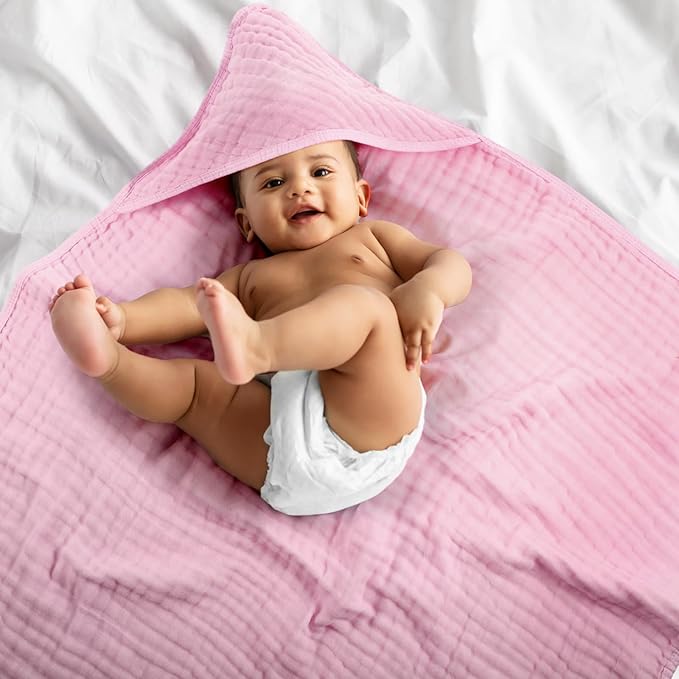 VitalCozy 6 Pcs Baby Muslin Hooded Bath Towels and Washcloths, Muslin Hooded Baby Towels Absorbent Blankets for Gift Newborn Infant Shower (Pink,Orange)