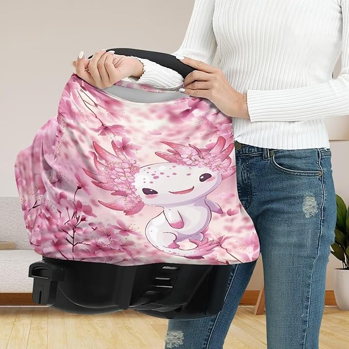 Biyejit Axolotl Pink Floral Nursing Cover for Newborn Breastfeeding Multi Use Infant Stroller Canopy Unisex Baby Car Seat Cover High Chair Cover Shopping Cart Cover for Baby Boy Girl