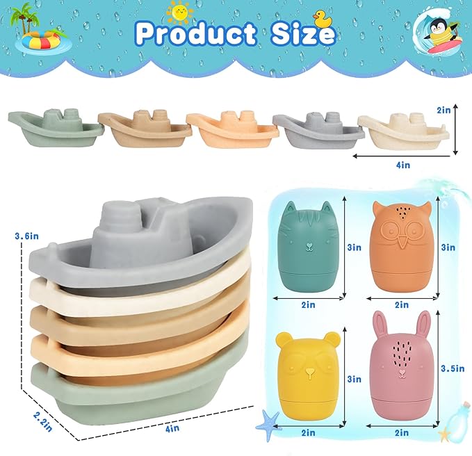 Baby Bath Toys Stackable Boats with Soft Silicone Squirt Water Animal Toys, 9 Pcs Floating Stacking Boat Bathtub Shower Pool Beach Toys for Toddler Kids 1-3