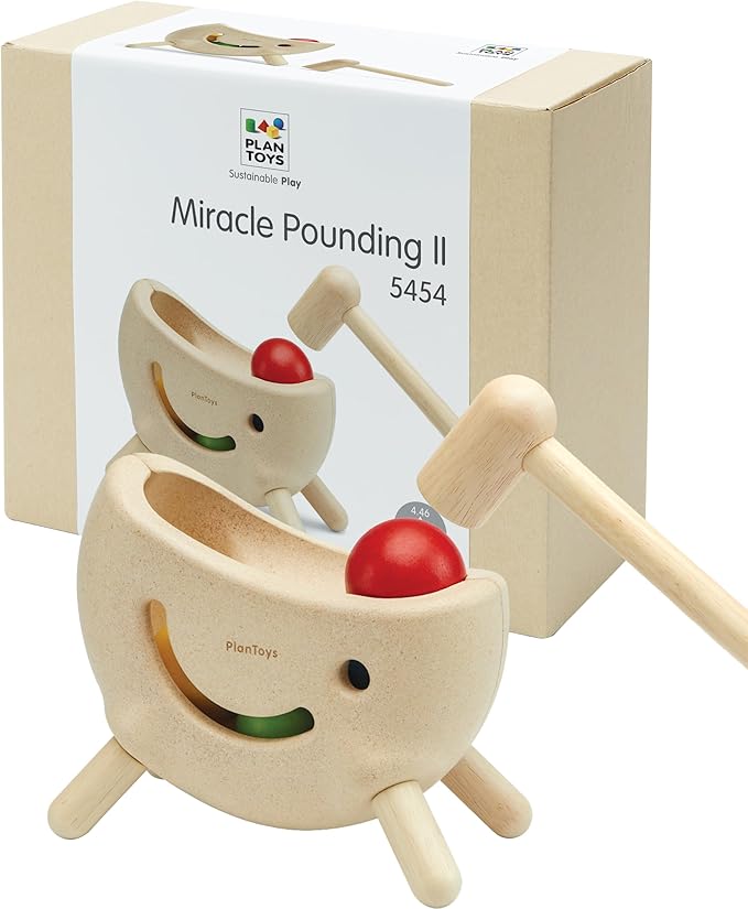 PlanToys® Miracle Pounding II Wooden Pounding Bench Toy for Kids Ages 2+ | Montessori Fine-Motor & Hand-Eye Coordination Activity for Focus & Strength | Eco-Friendly Educational Toy