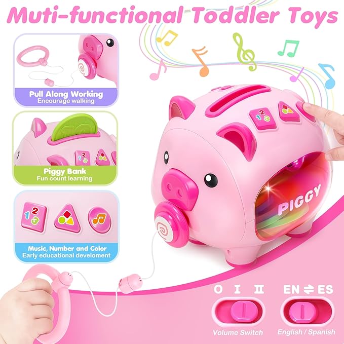 Musical Piggy Toys for 1 Year Old Girl Gift, Piggy Bank with Educational Number, Color, Animal Coin for Baby Interactive Toy 6-12-18 Month, Christmas 1st Birthday for 7 8 9 10 Month Old Girl Boy