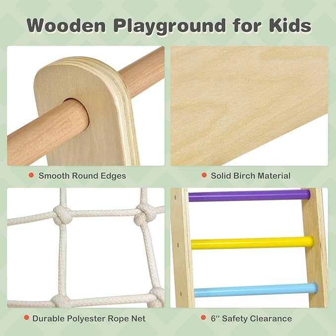 Costzon Indoor Playground, 8-in-1 Montessori Jungle Gym Beech Wood Climbing Toys for Toddlers w/Double-Sided Slide, Climbing Rock/Net, Indoor Playground Climber Playset for Kids 3+ Years (Rainbow)