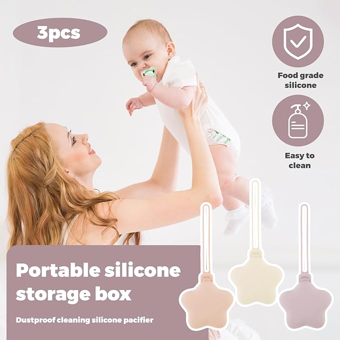 3Pcs Pacifier Holder Case, Safe and Soft Material Pacifier Pouch, Food Grade Silicone Pacifier Case, Star Shape, Protective Pacifier Storage Case for Diaper Bag Stroller (Style 1)