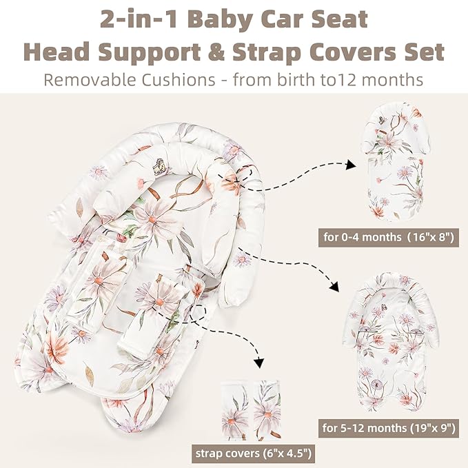 2-in-1 Infant Car Seat Insert, Upgraded Newborn Carseat Insert, Breathable & Soft Baby Car Seat Head Support with 2 Strap Covers for Girls, Perfect for Carseat, Stroller, Swing, White Flower