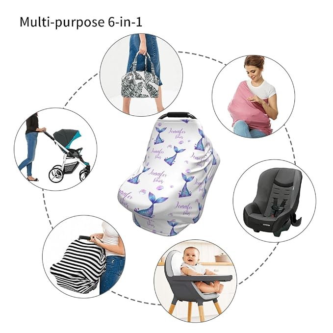 Personalized Baby Car Seat Cover for Girls, Custom Mermaid Nursing Covers for Breastfeeding with Name, Infant Stroller Cover, Baby Carseat Canopy for Newborn, Multiuse Car Seat Canopies