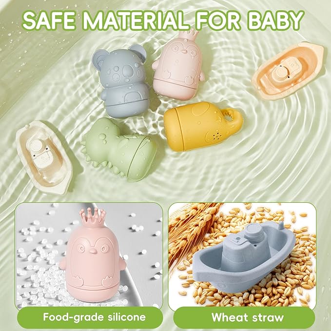Baby Bath Toys 9PCS Mold Free Bath Toys for Babies 6-12 Months Bathtub Water Toys with Easy Clean Silicone Bath Toy for Kids Ages 1-3 Safe Bath Boats, Baby Shower Birthday Gifts for Babies & Infant