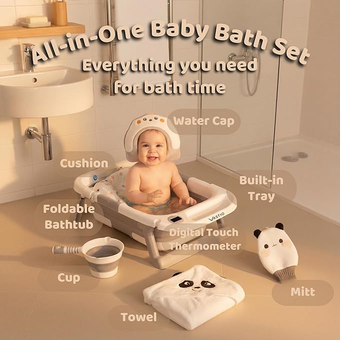 6-in-1 Collapsible Baby Bathtub Set with Thermometer, Foldable Infant Tub for Newborn to Toddler, Portable Bath Set with Cushion, Rinse Cup, Cap, Towel & Mitt, All-in-One Baby Bath Essentials