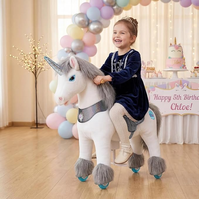 PonyCycle Grey Pony Ride on Horse Unicorn Advanced Model Y Riding Unicorn Ponies Toy (28.7" Height for Kids Ages 3–4) Riding Pony with Wheels, Realistic Birthday Gift for Kids Pony Ride Y356
