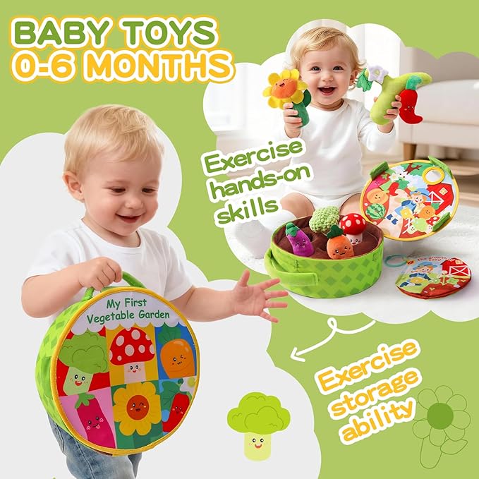 Montessori Toys for Babies 6-12 Months, Plush Vegetable Garden Sensory Sorting Toy with Storage Base, Soft Plush Farm Harvest Game for Fine Motor Skills, Perfect Baby Boys Girls Gift 0-2 Year Old