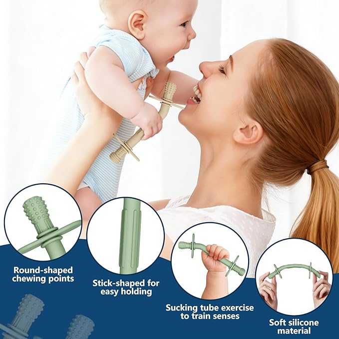 Teething Toys for Babies 36+ Months, 5 Pack Silicone Teething Straws,Soft Chewable Sensory Aid for Molar Discomfort, Infant Oral Development
