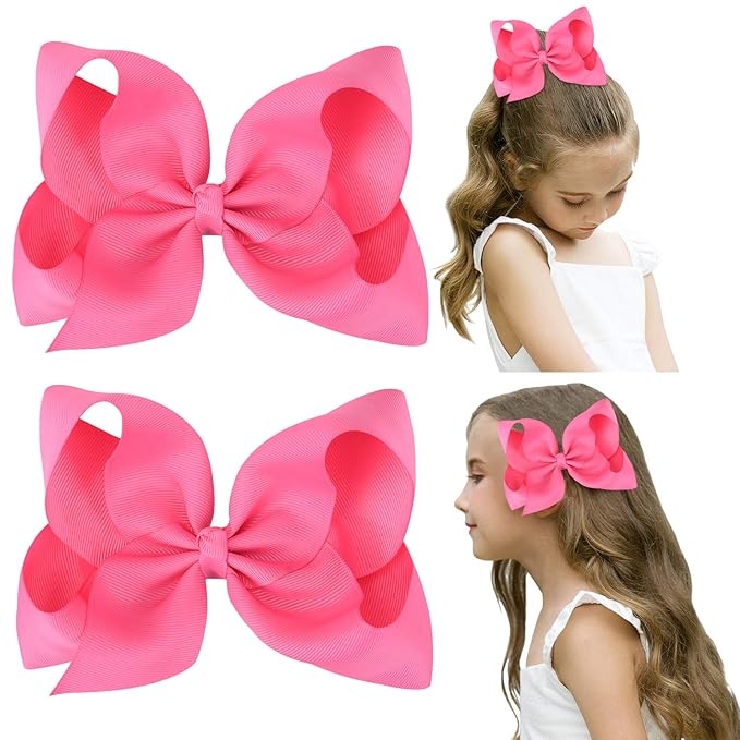 DEEKA 2 PCS 6" Big Hand-made Grosgrain Ribbon Solid Color Hair Bows Alligator Clips Hair Accessories for Little Teen Toddler Girls Kids Set of 2 -Hot Pink