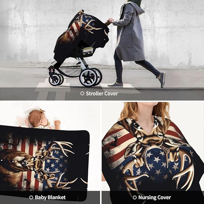 American Flag Deer Baby Car Seat Canopy and Nursing Cover for Breastfeeding Multi-Use Cover Lightweight Infant Stretchy Carrier Carseat Winter Cover for Newborn Girls Boys