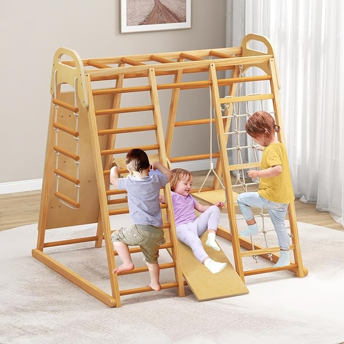 INFANS Indoor Jungle Gym, 8 in 1 Kids Montessori Indoor Playground Climbing Playset for Toddlers with Slide Swing Net Monkey Bars Rope Ladder, Wood Climber Toys for Boys Girls