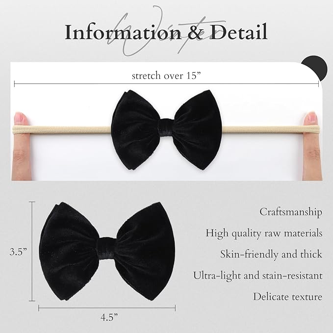 YanJie Brand Hairband - Handmade Velvet Baby Bows & Stretchy Nylon Headbands for Girls Infants Toddlers Child(4.5 black-velvet, 3 Count)