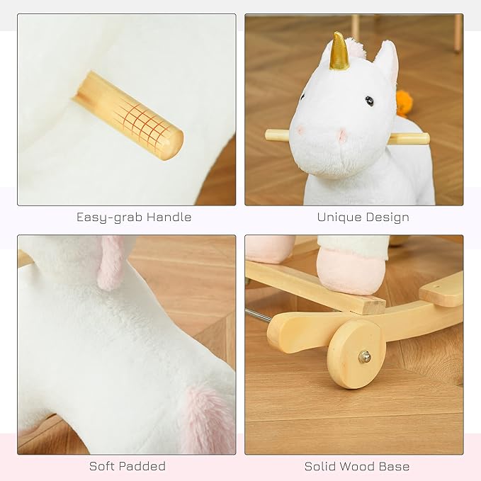 Qaba Rocking Horse, 2 in 1 Kids Ride on Horse, Rolling Unicorn Animal Rocker with Sound, Wooden Base, Pedal, Grip Handle, Plush Riding Pony for 3-6 Years Old, White