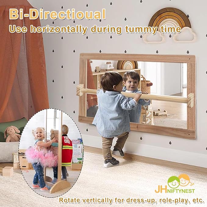 Infant Coordination Mirror Montessori Safety Pull up Bar Baby MirrorAcrylic Non-Glass Early Learning to Walk Mirror Upgrade Dual-Use with Base for Lengthened Version Hanging Toys 59.05”