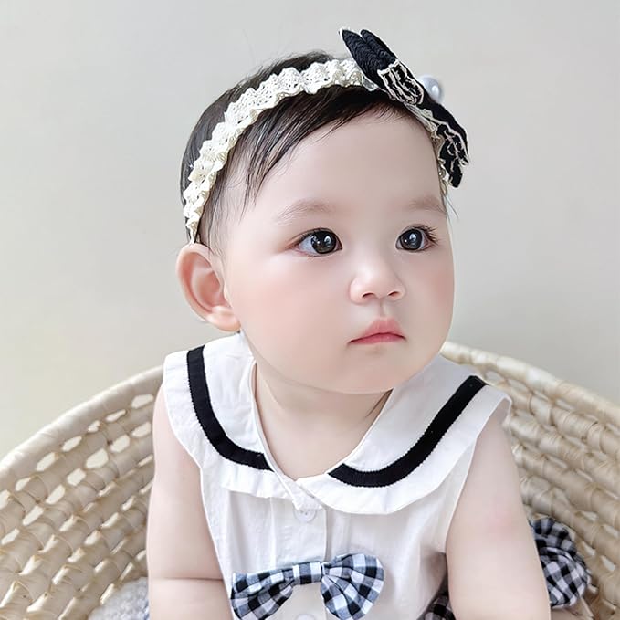 Bow Lace Headbands for Baby Girls Soft Tulle Ribbon Pearl Head Wrap Elastic Bow-knot Hair Band Shower Birthday Hair Accessory for Newborn Infant Toddler (Black A, Elastic)