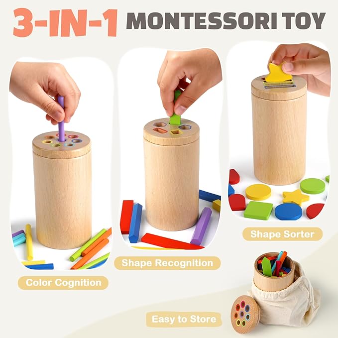 DINORUN Wooden Montessori Toddler Toys - 3 in 1 Sensory Toys for Color Shape Matching, Learning Fine Motor Skills, Educational Toys for Toddlers 1-3, Travel Toys for Boys Girls Gifts