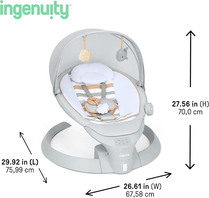 Ingenuity Inlighten Bounce & Sway Swing, Bluetooth Music, Canopy with Lights & Toys, Touch & Remote Controls, 3-in-1 Seat Modes, Machine Washable Pad, Ages 0+ Pebble Shore