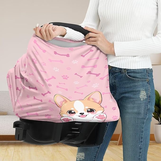 Biyejit Pink Corgi Baby Car Seat Cover, Infant Carseat Canopy, Nursing Breastfeeding Cover, Stretchy Carrier Covers for Stroller/Shopping Cart, Newborn Registry & Shower Gift for Boys Girls