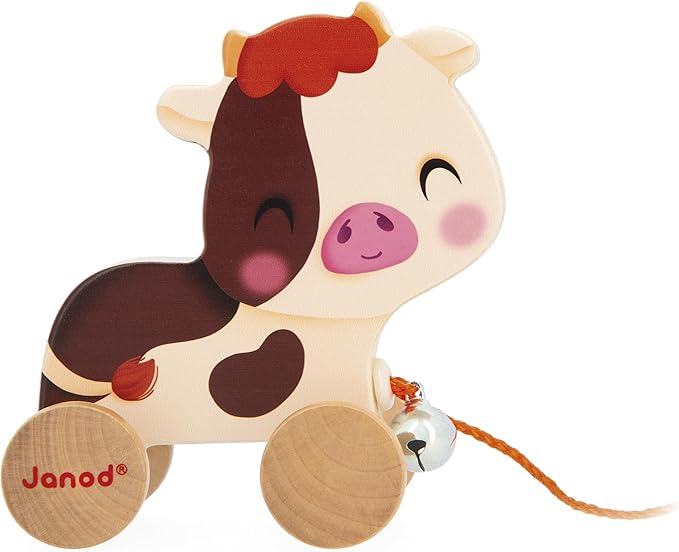 Janod - Wooden Ride-On Cow with Bell - Pull-Along and Push-Along Toy - Motor Skills & Imagination Training - 50cm String Suitable for Small Hands - from 12 Months, J03324