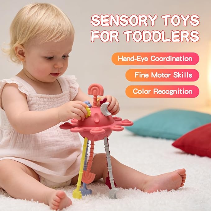 Food Grade Silicone Pull String Baby Toy, Montessori Pull String Sensory Toy for 18 Months Babies Teething Toys (Red)