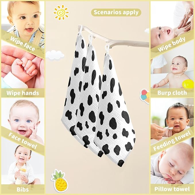 Black White Cow Pattern Baby Muslin Washcloths Burp Cloths Soft Absorbent Baby Wash Cloth Fingertip Face Towels for Newborn Boys Girls 12 x 12 in,3 Pack