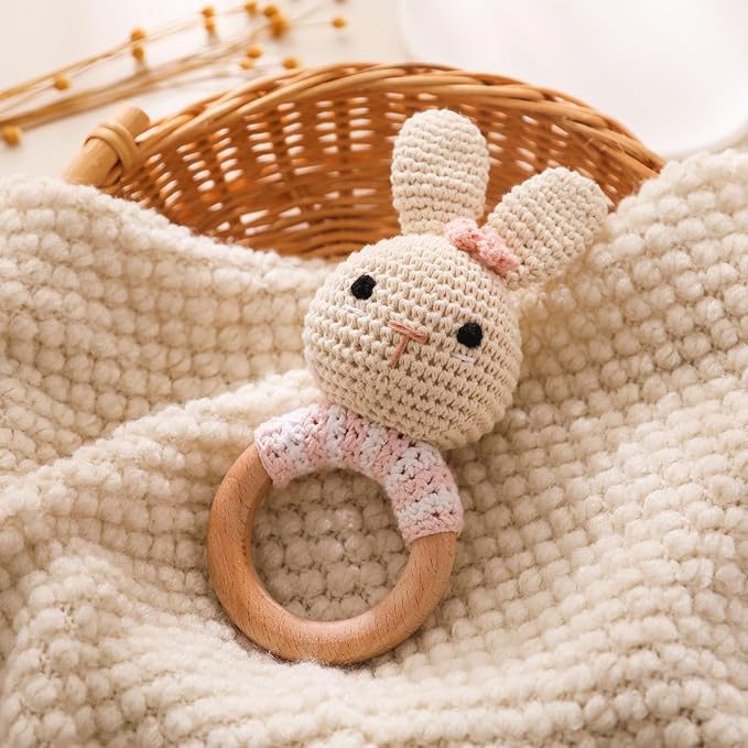 Wooden Baby Rattle，Crochet Bunny Rattle with Wood Ring, Newborn Wooden Animal Rattle Toy，Infant Bunny Wood Rattle Toys，Bunny-2