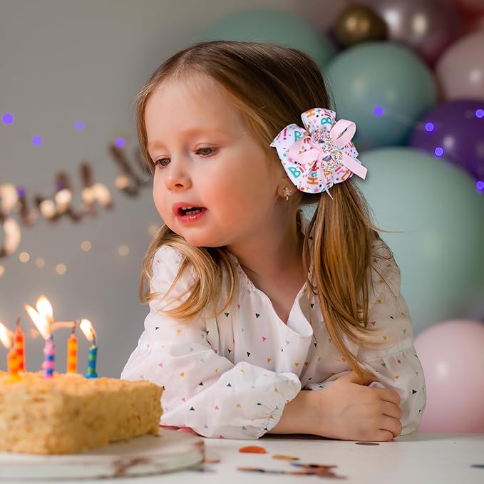 3.5" Glitter Happy Birthday Hair Bow Clips for Baby Girls 1-6 Ages Cute Pink Sprinkle Confetti Ice Cream Party Dress Pigtail Decoration Accessories Gift for Her 3rd Birthday