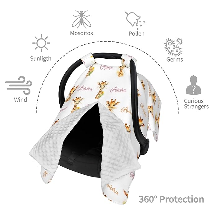 Personalized Baby Car Seat Canopy Minky Giraffe Baby Blanket Custom Name Baby Car Seat Cover Girls Boys Infant Newborn Carseat Canopy Nursing Cover for Stroller Car Seat Canopies