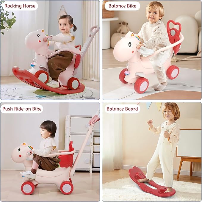 4 in 1 Rocking Horse Ages 1-3, Baby Rocking Toy Gift for Toddlers 1-3 Years Old, Balance Bike Ride On Toys with Push Handle, Backrest and Balance Board for Girl and Boy, Kids Riding Birthday (Pink)