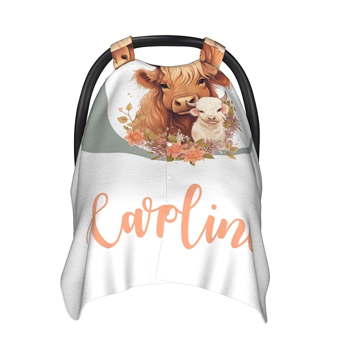 Personalized Highland Cow Carseat Cover for Baby Custom Name Car Seat Canopy for Newborn Baby Boys Girls 2 in 1 Mom Nursing Breastfeeding Covers Minky Baby Carrier Stroller Covers