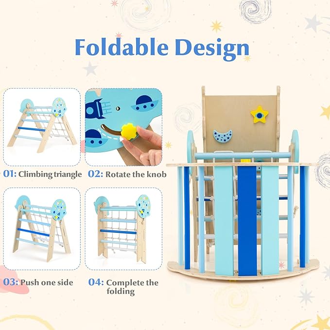 Olakids Pikler Triangle Set, 13 in 1 Astronaut Theme Foldable Wooden Montessori Toddler Climbing Toys Indoor with Cushion Ramp Arch Ladder Net
