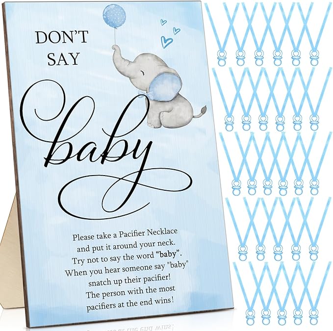 Geetery 51 Pcs Don't Say Baby Game Sign Cool Baby Shower Game 50 Pacifier Necklace Wooden Don't Say Sign Plastic Pacifier Party Favor for Gender Reveal(Elephant,Blue)