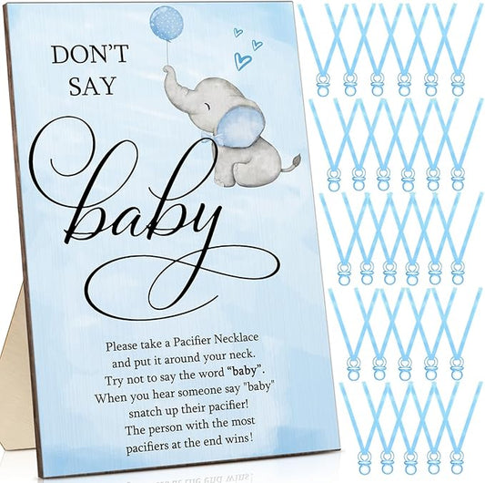 Geetery 51 Pcs Don't Say Baby Game Sign Cool Baby Shower Game 50 Pacifier Necklace Wooden Don't Say Sign Plastic Pacifier Party Favor for Gender Reveal(Elephant,Blue)