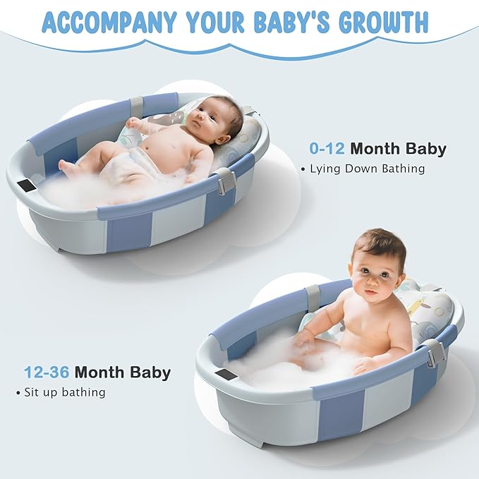 TOSGN Collapsible Baby Bathtub, 3s to Install, Baby Bath Tub with Soft Cushion & Thermometer, 0-36 Months Newborn Bathtub,Portable Travel Baby Tub, Blue