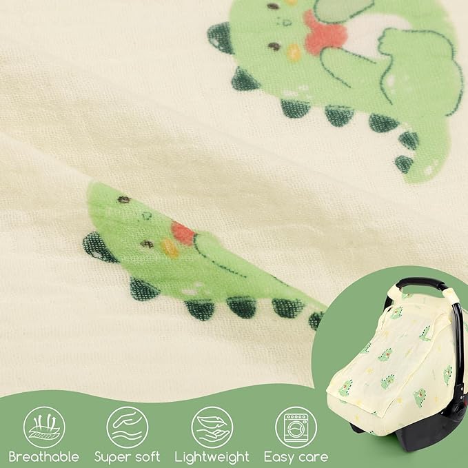 Muslin Baby Car Seat Cover for Boys Girls, Infant Carseat Canopy with Breathable Mesh Peep Window, Summer Lightweight Sunshade Carrier Cover for Newborn, Green Dinosaur