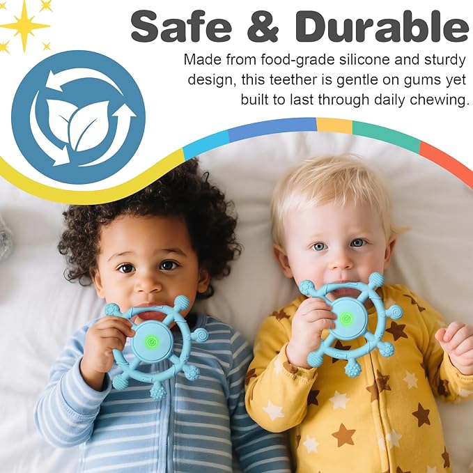 YOFUN 3-Speed Vibrating Baby Teether – Soothing Silicone Teething Toy for Infants 3M+, Food-Grade, USB Rechargeable – Soft & Safe Gum Relief for Babies (Blue)