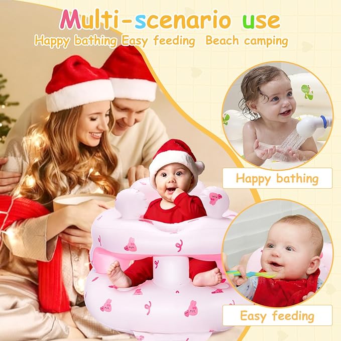 Inflatable Baby Seat for Babies 3-36 Months，[Squeaky Sound & Anti-Fall Design] Inflatable Chair with Sound-Making Ears, Baby Seat for Sitting-Up Practice, Built-in Air Pump (Pink Bunny)