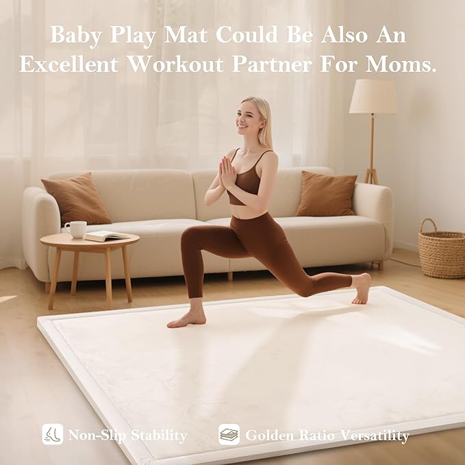 Baby Play Mat for Floor, 1.3"Thick Extra Large Cushioning Memory Foam Playpen Mat, Soft Coral Velvet Baby Crawling Mat with Non-Slip Backing for Toddlers,Infants,Kids,Yoga Mat (Beige 79"×118"×1.3") ﻿