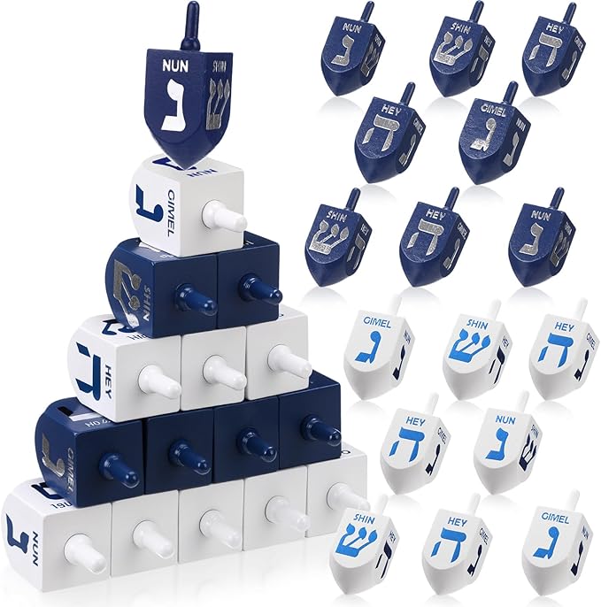 Jenaai 100 Pieces Purim Wooden Dreidel White Blue Natural Wood Dreidels for Passover Party Decorations Projects Crafts Family Fun (2.8 Inch)