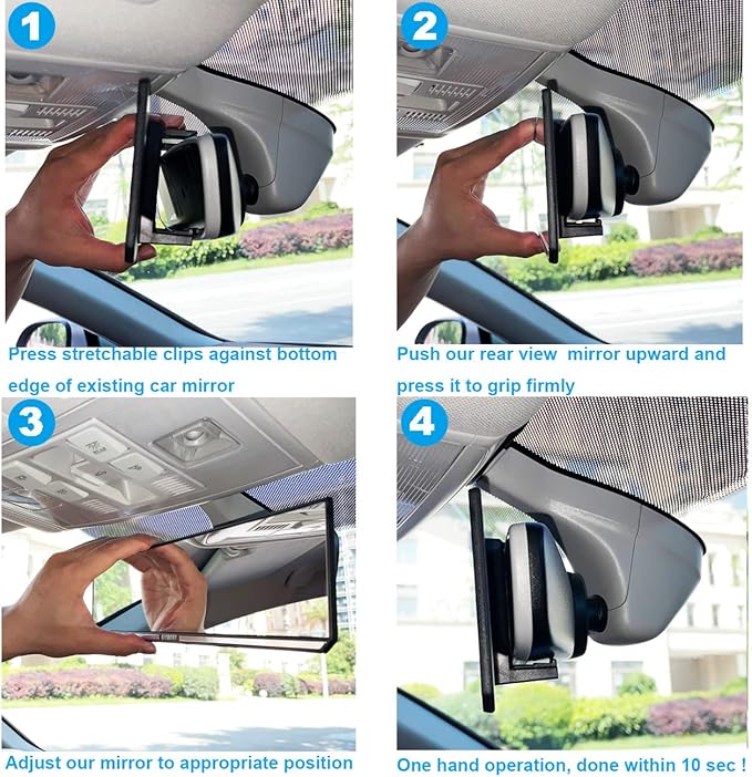 Kitbest Rear View Mirror, Interior Clip On Panoramic Rearview Mirror to Reduce Blind Spot Effectively – Universal Wide Angle Car Mirror – Flat – For Cars, SUV, Trucks (Bonus 2 PCS Blind Spot Mirrors)