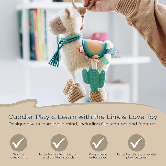 Itzy Ritzy Link & Love Toy for Stroller or Car Seat – Features Textured Ribbons, Crinkle Sounds, Clinking Rings & Silicone Teether – Designed For Ages 0 Months and Up (Llama)