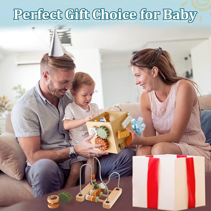 Wooden Kids Baby Activity Cube - Boys Gift Set | One 1, 2 Year Old Boy Girl Gifts Toys | Developmental Toddler Educational Learning Boy Toys 12-18 Months | Bead Maze, First Birthday Gift