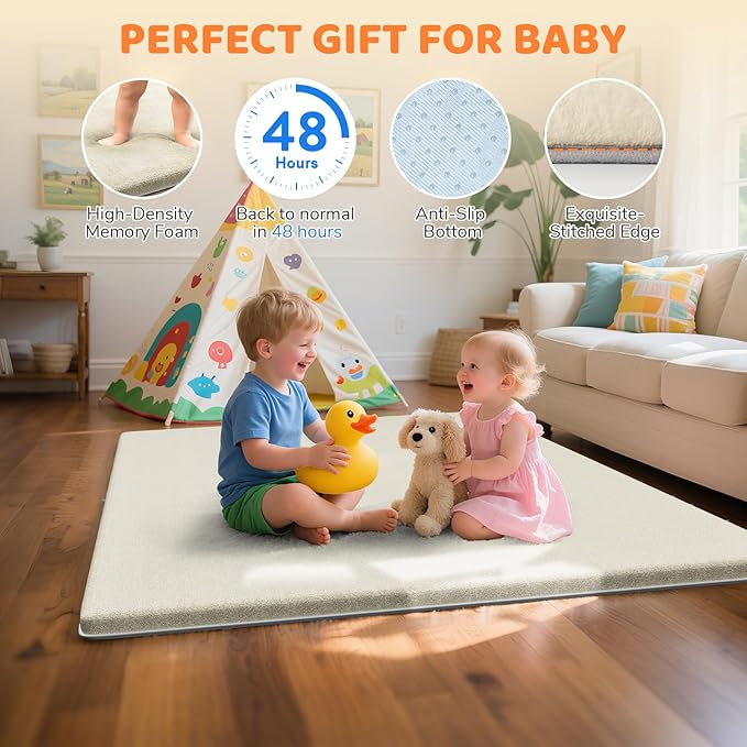 Omzer Baby Play Mat for Floor - 1.3" Thick Foam 71x79 Inch Playpen Mats with Removable & Washable Cover for Tummy Time, Soft Coral Velvet & Non-Slip Crawling Pad for Babies, Toddlers, Infants - Khaki