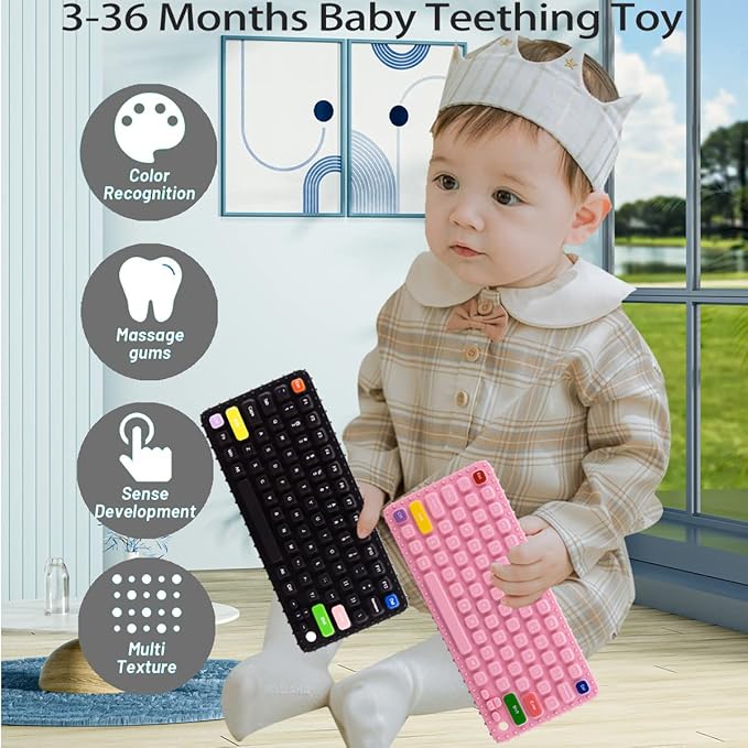 Keyboard Shape Teething Toys，Silicone Baby Teether Toys with Pacifier Clip for Babies 0-3 Months 3-6 Months,Baby Chew Toys Sensory Toys for Babies 6-36 Months(Pink)