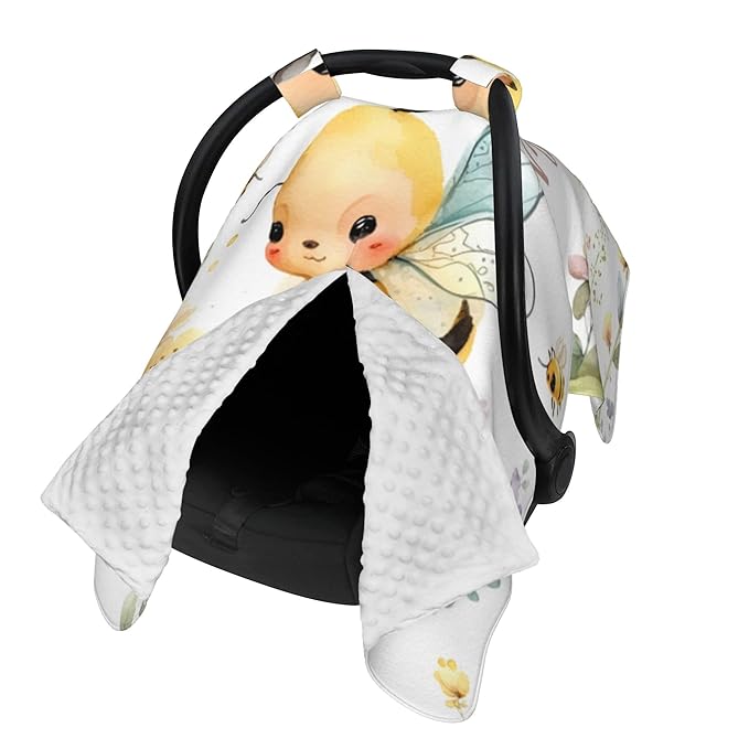Personalized Winter Carseat Cover for Baby Custom Name Car Seat Canopy for Newborn Baby Boys Girls 2 in 1 Mom Nursing Breastfeeding Covers Bee Minky Baby Carrier Stroller Covers